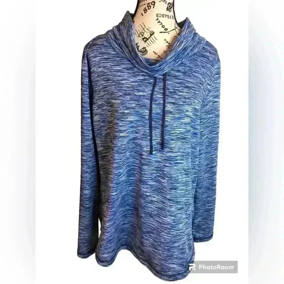 T by Talbots Women’s Medium Blue Marbled Active Wear Blouse Drawstring Neck - Picture 1 of 6